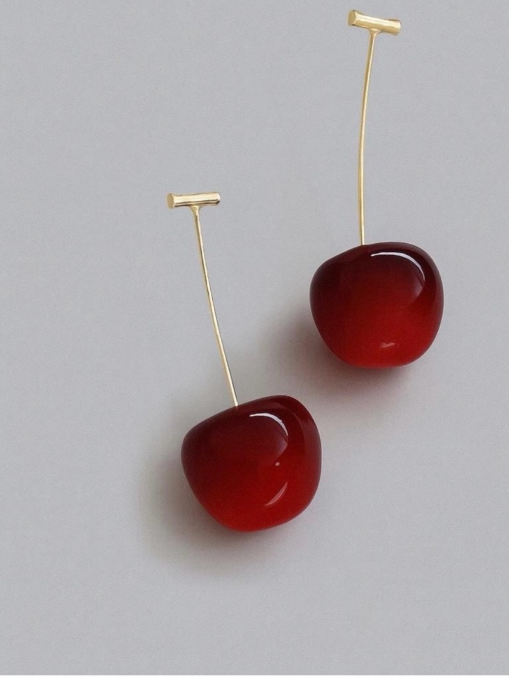 Gold Stem Cherry Drop Earrings in Deep Red